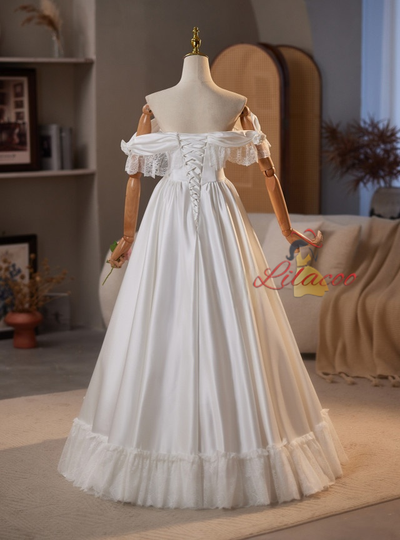 Simple White Lace Satin Off the Shoulder Wedding Dress