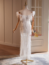 White Sequins Feather Wedding Dress