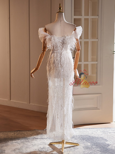 White Sequins Feather Wedding Dress