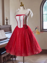 Red Tulle Sequins Straps Flower Homecoming Dress