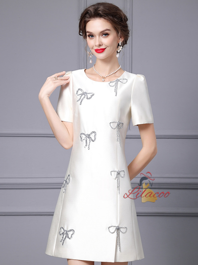 White Satin Short Sleeve Mother Of The Bride Dress