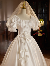 Vintage Satin Lace Puff Sleeve Wedding Dress