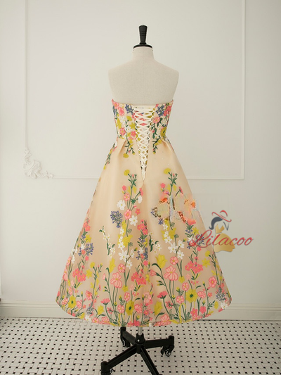 Champagne Tulle Embroidery Tea Length Prom Dress