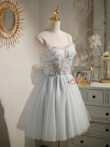 Gray Tulle Straps Sequins Beading Homecoming Dress