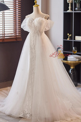 White Lace Tulle Pleats Straps Wedding Dress