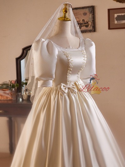 Ivory White Satin Short Sleeve Bow Wedding Dress