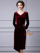 Burgundy Velvet Crystal Mother Of the Brides Dress