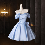 Blue Satin Flower Pleats Homecoming Dress