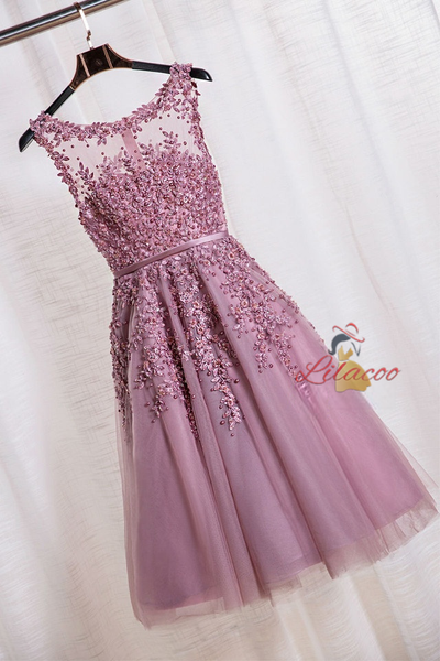 Pink Tulle Appliques Pearls Homecoming Dress