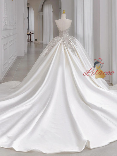 White Satin Strapless Sequins Wedding Dress