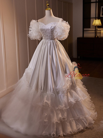 White Satin Off the Shoulder Appliques Wedding Dress