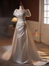 White Satin Puff Sleeve Pleats Wedding Dress