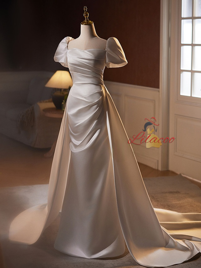 White Satin Puff Sleeve Pleats Wedding Dress