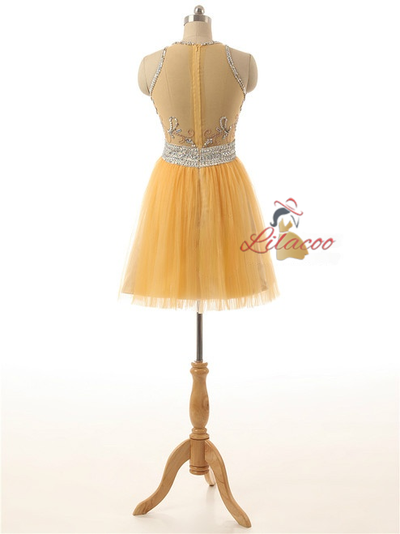 Yellow Tulle Beading Crystal Homecoming Dress