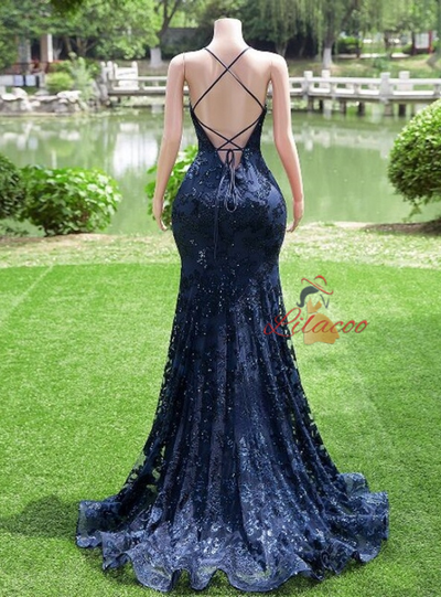 Navy Blue Mermaid Sequins Straps Prom Dress