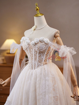 White Lace Off the Shoulder Flower Wedding Dress
