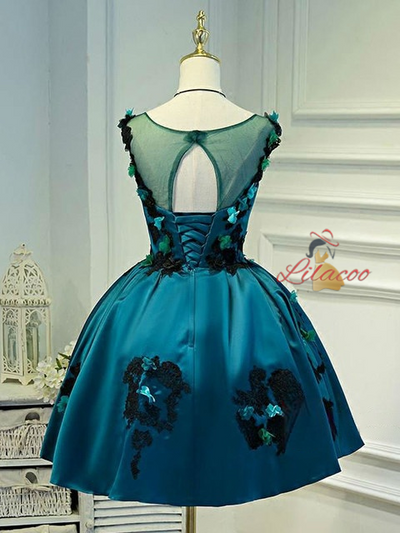Blue Satin Appliques Homecoming Dress