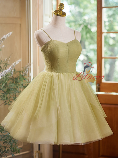 Green Tulle Straps Pleats Homecoming Dress