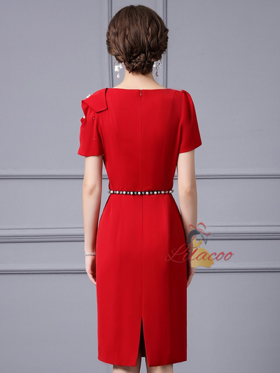 Red Short Sleeve Pearls Mother Of The Bride Dress