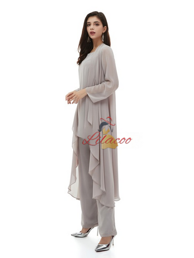 Gray Chiffon 3 Piece Mother Of The Bride Dress