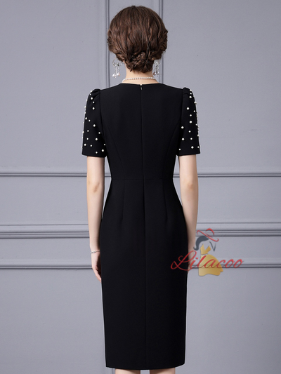 Black V-neck Pearls Mother Of The Bride Dress