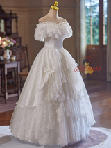 Vintage White Lace Tiers Off the Shoulder Wedding Dress