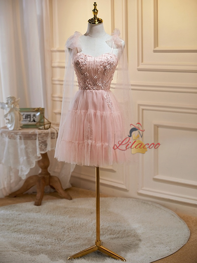 Pink Tulle Appliques Homecoming Dress