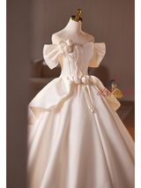 Ivory Satin Off the Shoulder 3D Flower Wedding Dress