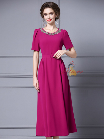 Black Short Sleeve Crystal Belt Mother Of The Bride Dress