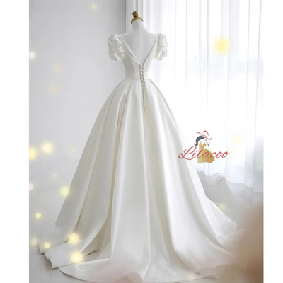 White Satin V-neck Wedding Dress