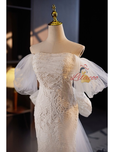 White Mermaid Lace Tulle Bow Wedding Dress