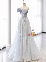 Tulle Sequins Off the Shoulder Bow Prom Dress