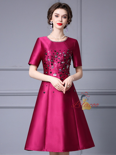 Fuchsia Satin Sequins Short Sleeve Mother Of The Bride Dress