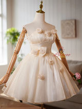 Champagne Tulle Pleats Flower Homecoming Dress