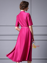 Fuchsia V-neck Satin Mother Of The Bride Dress