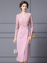 Pink Lace V-neck Long Sleeve Prom Dress