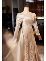 Champagne Satin Mermaid Long Sleeve Wedding Dress