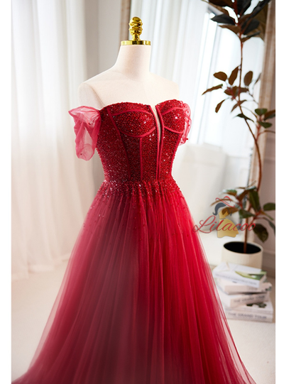 Tulle Off the Shoulder Beading Prom Dress
