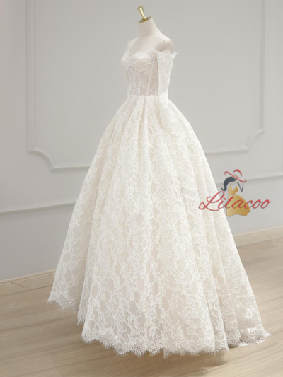Simple White Lace Long Sleeve Off the Shoulder Wedding Dress