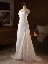White Satin Strapless 3D Appliques Wedding Dress