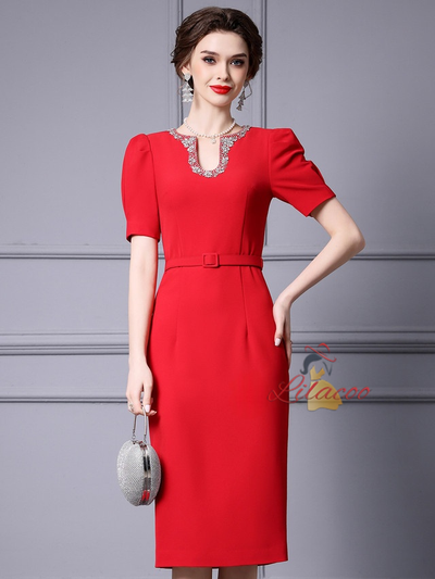 Red Short Sleeve Beading Mother Of The Bride Dress