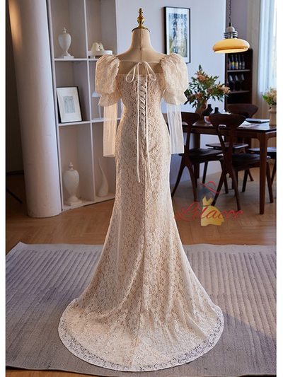 White Mermaid Lace Long Sleeve Wedding Dress