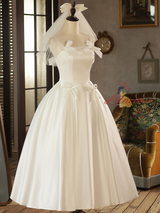 Simple White Satin Straps Bow Short Wedding Dress