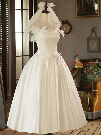 Simple White Satin Straps Bow Short Wedding Dress