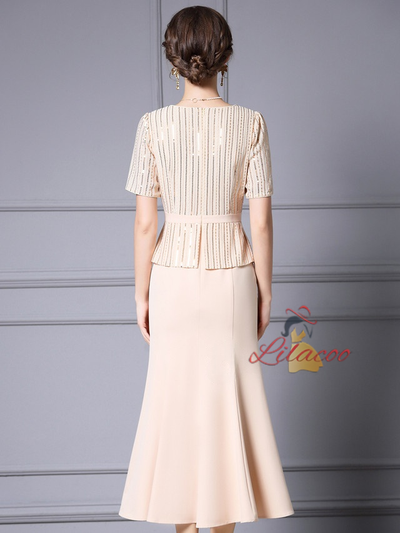 Apricot Short Sleeve Sequins Mother Of The Bride Dress