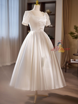 White Satin Square Neck Pearls Wedding Dress