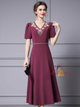 Burgundy Short Sleeve Beading Mother Of The Bride Dress