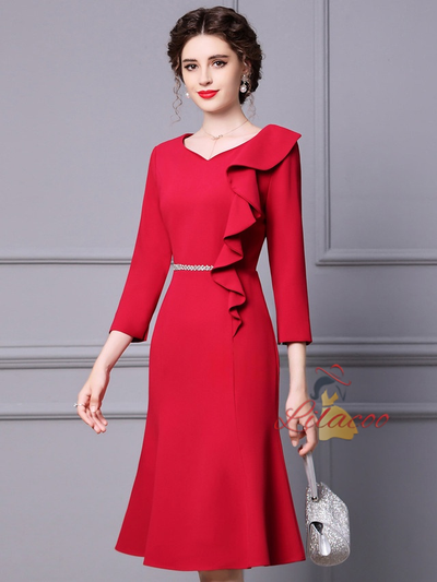 Red 3/4 Sleeve Mother Of The Bride Dress