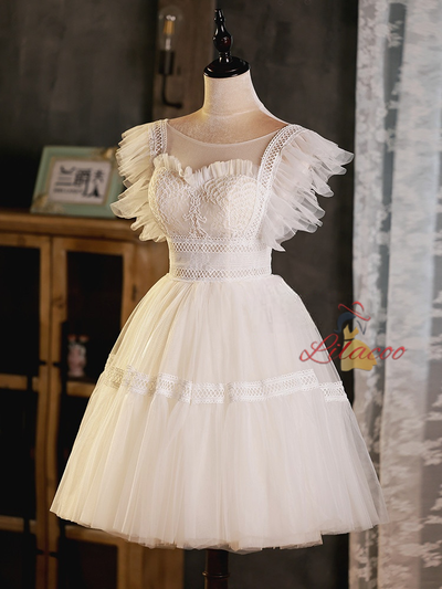 White Tulle Lace Scoop Neck Homecoming Dress