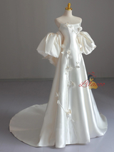 Ivory Strapless Satin 3D Flower Wedding Dress